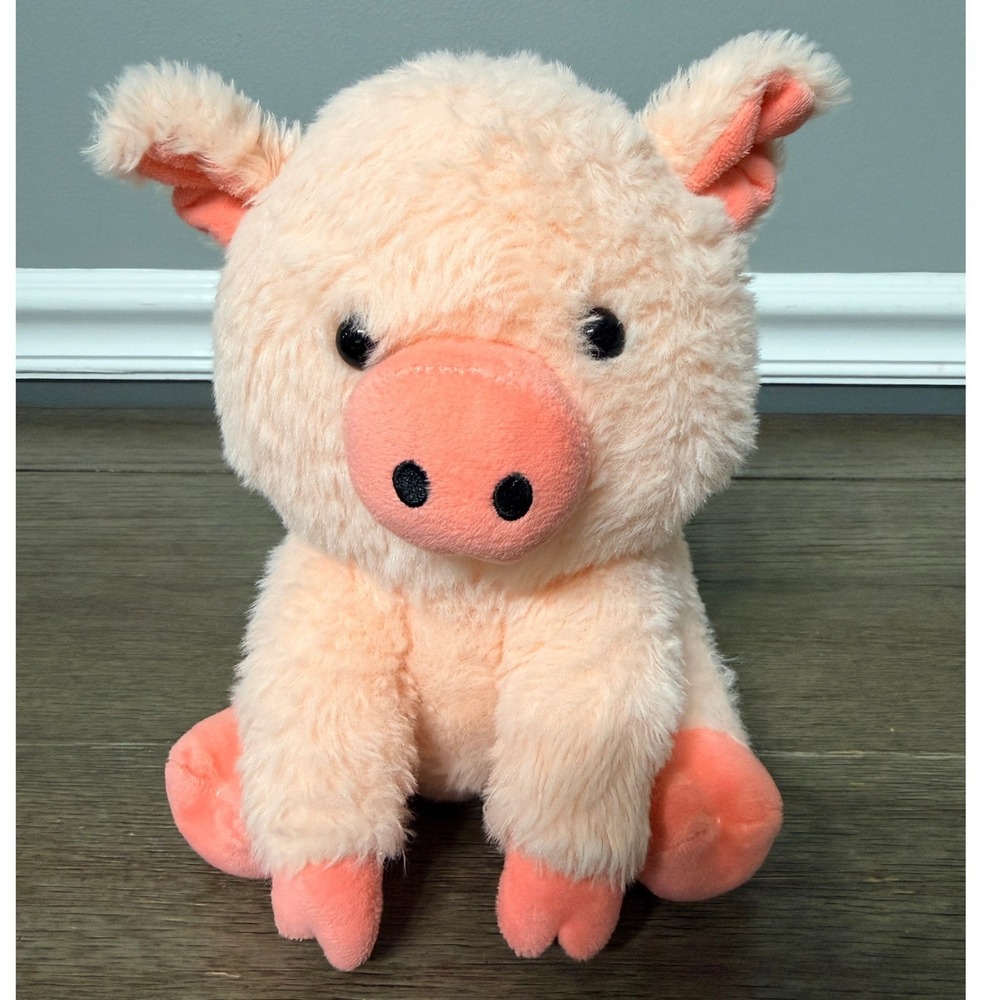 Peach Pink Pig Plush Stuffed Animal Soft Shaggy Fur Farm Animal Toy